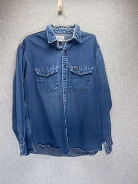 Carhartt Vintage Thrashed Stained Pearl Snap Denim Shacket Button Down Shirt